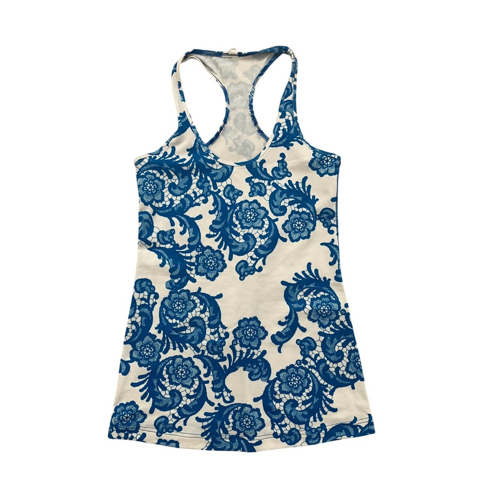 Lululemon Racerback Tank Top Blue White Floral Lace Print Activewear